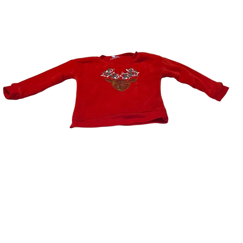 Nanette Kids Size 4T Red Fuzzy Christmas Reindeer Sequin Lights Long Sleeve Top
